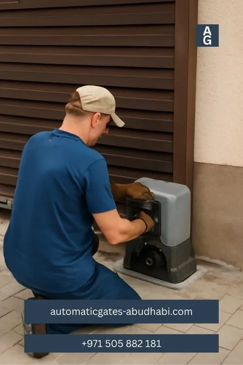 Technician repairing the motor of an automatic sliding gate in Zayed City, UAE.