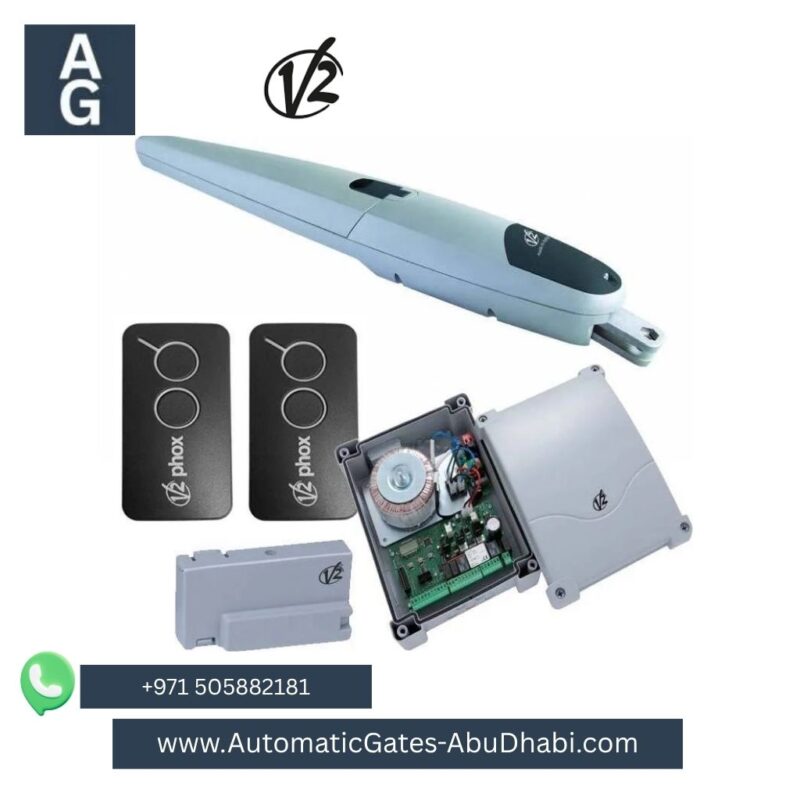 V2 STARK6 irreversible electric motor kit for swing doors, including one motor, control board, and remote controls.
