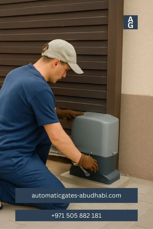 Technician installing an automatic sliding gate opener in Abu Dhabi City Centre, UAE.