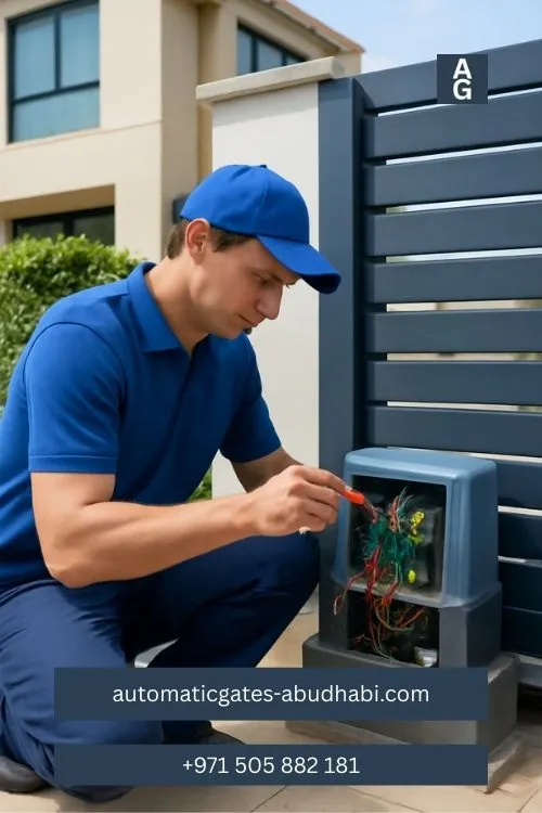 Technician working on an automatic sliding gate system at a modern home on Yas Island