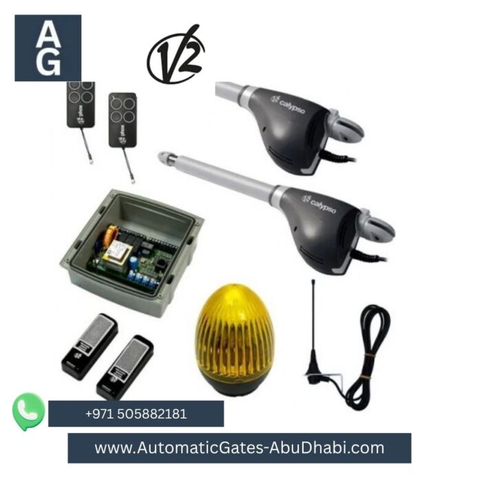V2 CALYPSO 400 swing gate motor kit, including two motors, control board, flashing light, remote controls, and antenna.