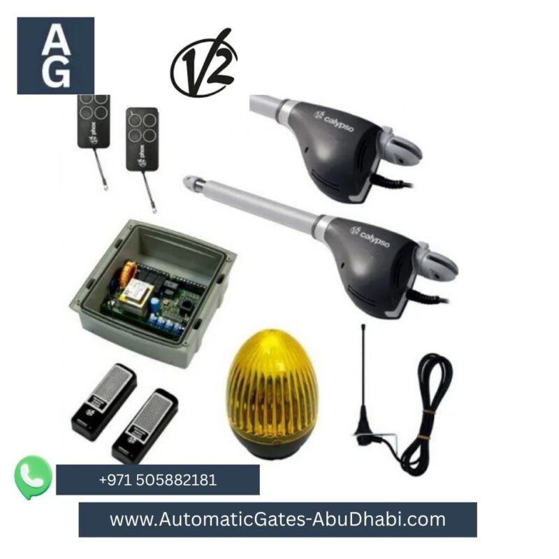 V2 CALYPSO 400 swing gate motor kit, including two motors, control board, flashing light, remote controls, and antenna.