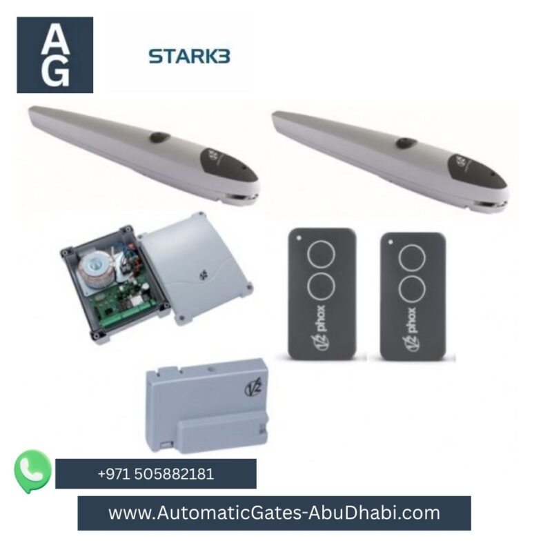 V2 STARK3 swing gate motor kit including two motors, control board, remotes, and installation accessories.