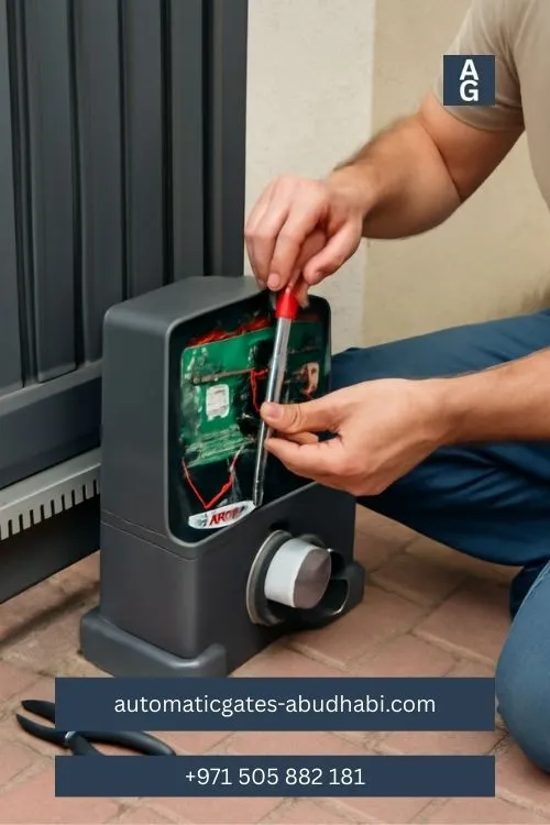 A technician repairing an automatic sliding gate motor, adjusting internal components and wires.