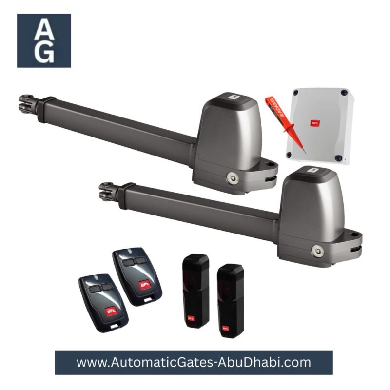 BFT ATHOS AC A40 Swing Gate Motor, including control unit, remotes, safety sensors, and accessories, available from a trusted supplier in Dubai and Abu Dhabi.