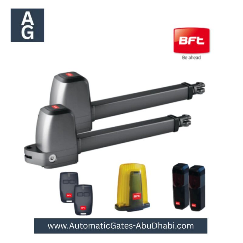 BFT Steel Gate Opener ATHOS AC A40, featuring control unit, remotes, safety sensors, and flashing light, ideal for secure and efficient gate automation in Abu Dhabi, UAE.