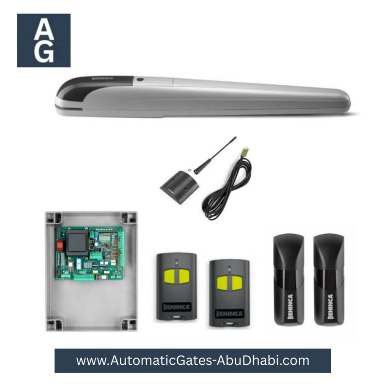 BENINCA KBOB50ME 230Vac kit for swing gates up to 5m, including control unit, remotes, safety sensors, and antenna for seamless gate automation in Abu Dhabi, UAE.