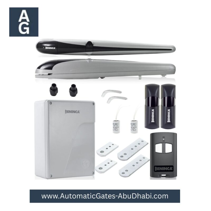 BENINCA KIT BOB 30 ME 230V Automatic Swing Gate Opener Motor system, including control unit, safety sensors, remotes, and installation accessories for Abu Dhabi, UAE.
