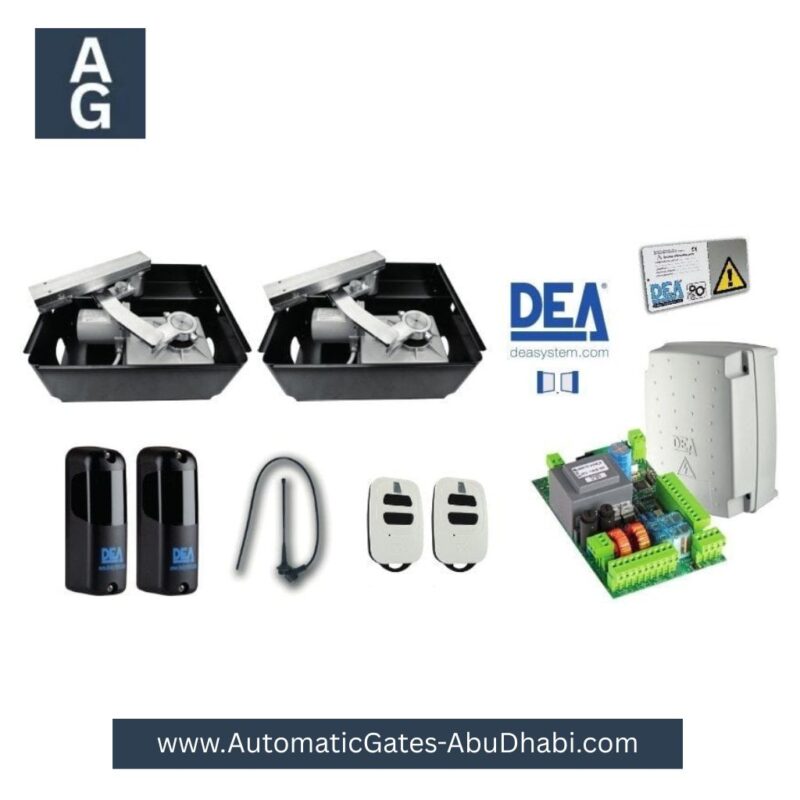 DEA GHOST 10024CLNET Twin Kit 24V Encoder 3.5m Swing Gate Motor, components including motors, control unit, sensors, and remotes.