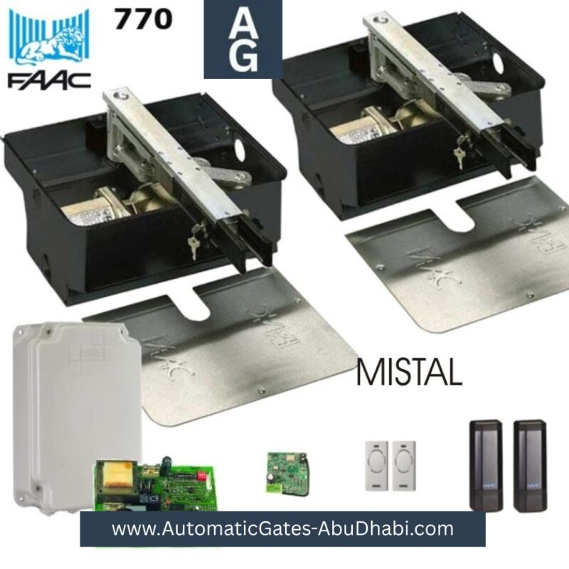 FAAC 770 24v Double Kit for automatic gates, including control box, motor units, and sensors, with MISTAL branding.