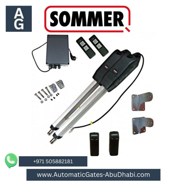 SOMMER Twist 350 rotating door drive kit for 2-wing gates, including two motors, control board, remotes, and installation accessories with WLAN GATE module.