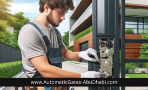 A professional technician servicing an automatic swing gate opener in a modern residential area. The technician, wearing a uniform with tool belts, is focused on the gate's mechanism. The gate is made of metal, situated in a well-maintained driveway with surrounding greenery and a clear blue sky.