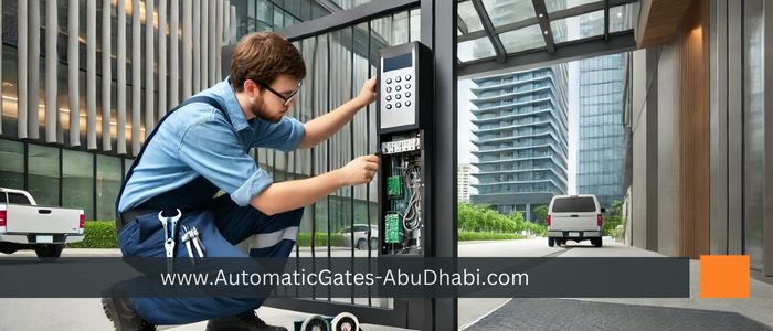 A technician performing maintenance on a commercial gate opener at the entrance of a modern office building. The technician is using tools to adjust the gate's motor and control system, with the commercial building's glass facade visible in the background.