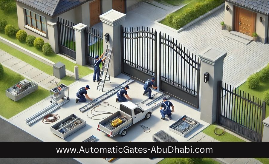 The image shows the installation process of a dual swing gate opener, featuring technicians setting up the system with tools and wiring. One gate is partially open, demonstrating how the mechanism operates. The scene includes metal gates attached to concrete pillars, a remote control unit, and a driveway surrounded by greenery, giving a realistic residential look.