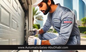 A technician efficiently installing a garage door in Abu Dhabi, dressed in branded uniform and using modern tools. The scene captures the clean and organized environment, with palm trees and clear blue skies, reflecting a professional and reliable service
