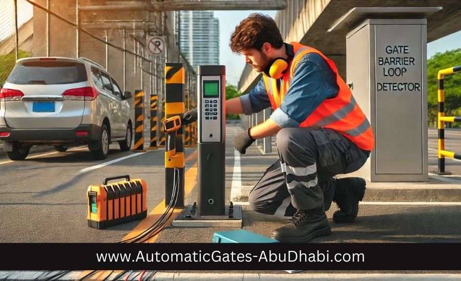Technician installing a gate barrier loop detector system in a modern outdoor parking area, showing cables, control panels, and a partially visible barrier arm with safety markers.