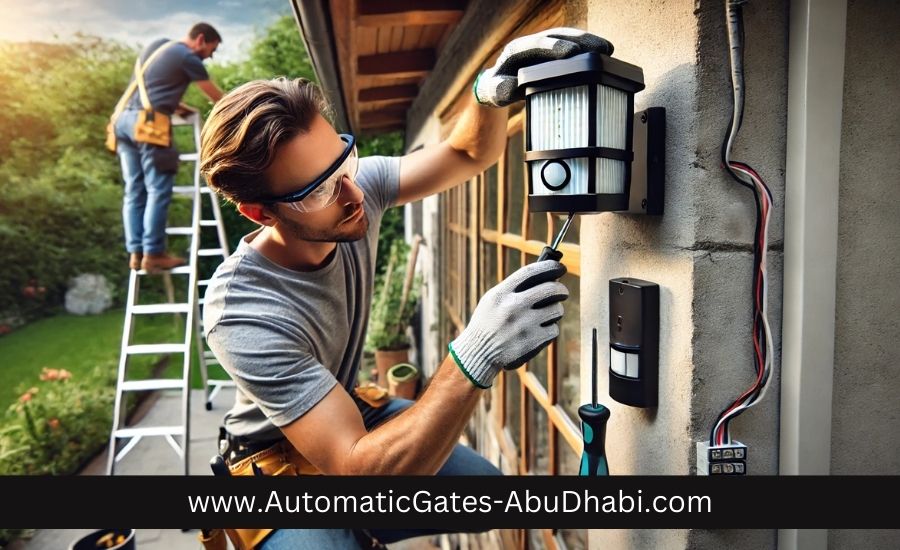A person installing a motion sensor light on the exterior brick wall of a house during daylight. The individual is using a screwdriver, wearing work gloves and safety glasses, with visible wiring and tools around. A ladder and green yard are in the background, emphasizing a safe, residential setting.