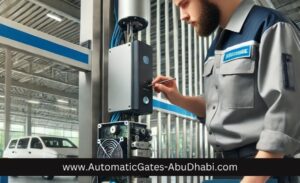 A technician providing maintenance and support for an automatic gate system in a commercial facility, ensuring functionality and security.