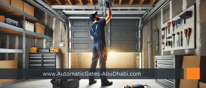 A professional technician installing an overhead garage door in a modern residential garage, securing the door tracks and connecting the automatic opener. The partially raised door reveals its sturdy panels and mechanical system, with bright lighting illuminating the installation process