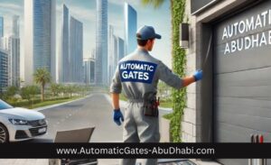 A professional image displaying a skilled technician from 'AutomaticGates-AbuDhabi' installing a garage door system in a modern Abu Dhabi setting. The background includes contemporary buildings and palm trees under a clear sky, emphasizing the expertise and quality service offered.