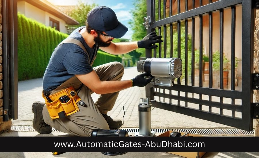 The image depicts a technician installing a swing gate motor on a metal gate in a residential setting. The gate is partially open, and the technician is using tools like a wrench and screwdriver, with a control box visible nearby. The background includes a driveway and greenery, indicating a daytime, outdoor environment.