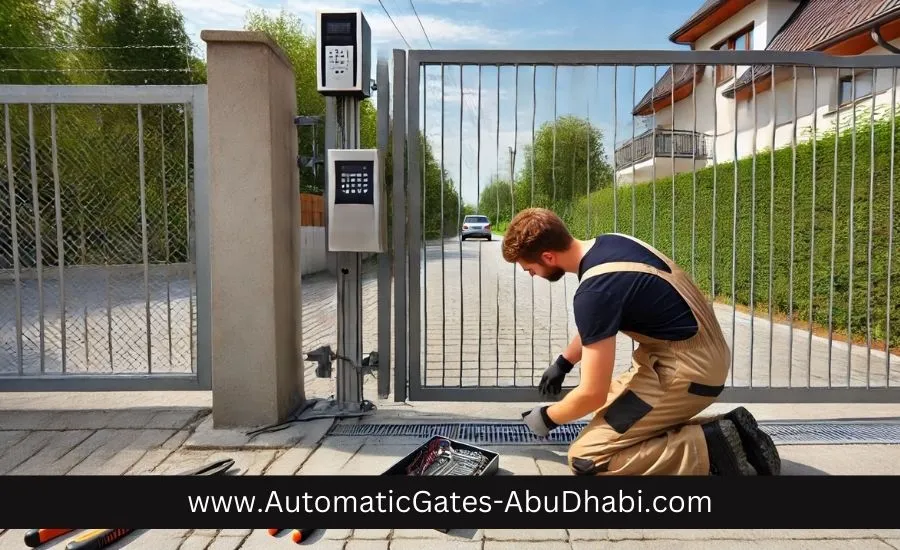 The image shows a technician installing a swing gate opener on a driveway. The gate, made of metal, is partially open, and the technician is working with tools on the automated opener system mounted on a metal post beside the gate. The setup includes visible wires and a control box, with a residential area and greenery in the background on a sunny day.