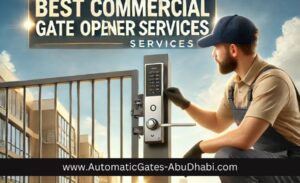 A professional technician installing a commercial gate opener at a modern property. The environment features clear skies and well-maintained buildings, emphasizing expertise, reliability, and quality.