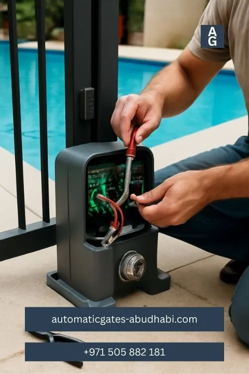 A technician repairing the motor of an automatic swim gate near a swimming pool, with visible wiring and components."