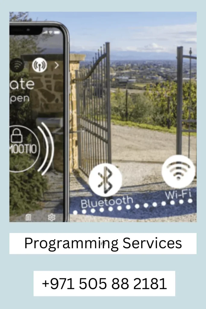 A mobile phone screen displaying the app controlling the automatic gate with Bluetooth and Wi-Fi connectivity in Al Samhah.