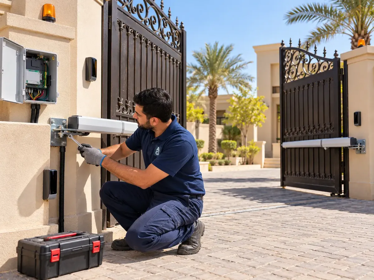 Swing gate opener installation: technician installing an arm opener on a double swing gate at a villa entrance in Abu Dhabi