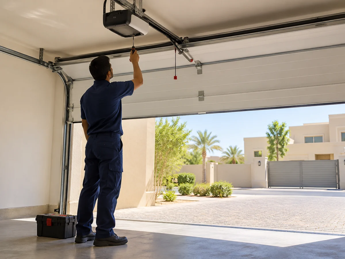 Technician checking the opener of an automatic sectional garage door at a villa in Abu Dhabi