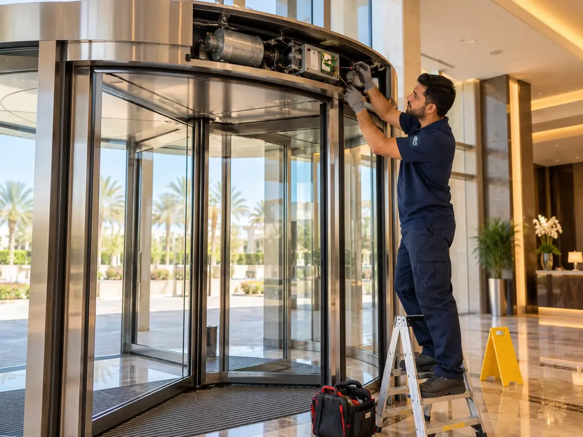 Technician servicing the canopy drive unit of an automatic revolving door in an Abu Dhabi hotel lobby