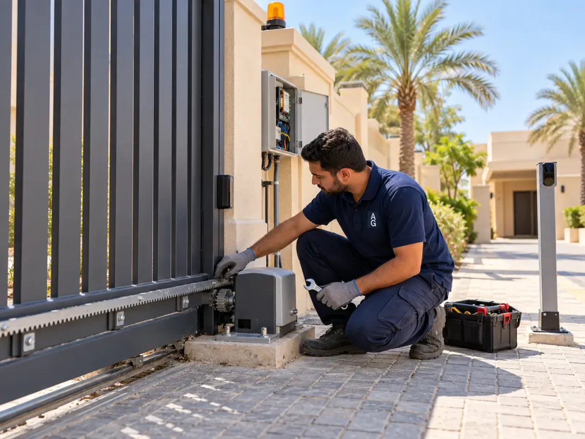 Technician aligning the gear rack of an automatic sliding gate motor at a villa entrance in Abu Dhabi