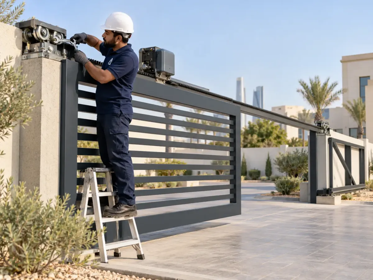 Technician adjusting the roller carriage of a cantilever sliding gate with no ground track in Abu Dhabi