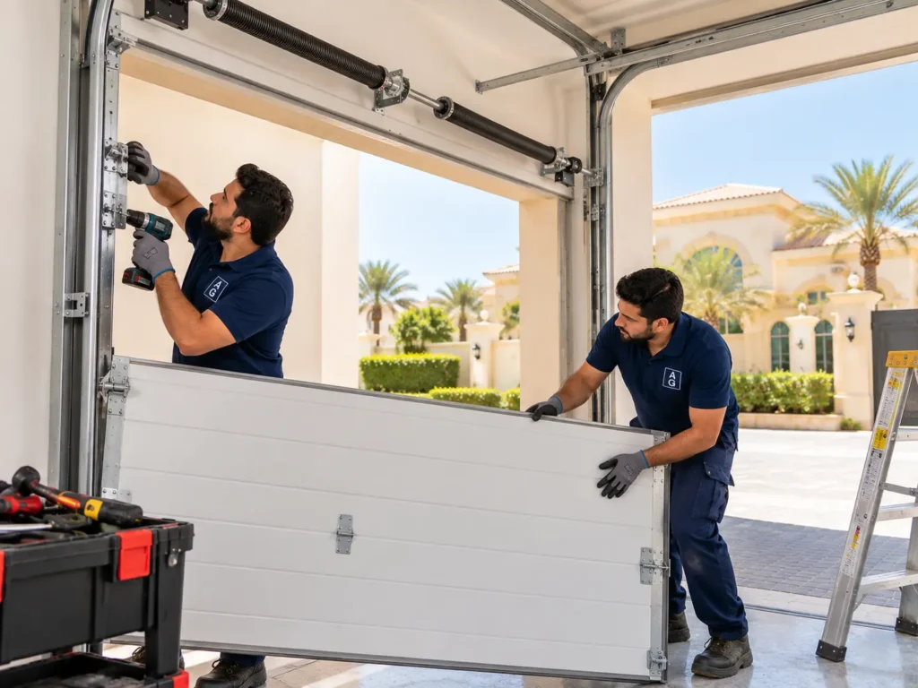 Installers fitting the track and panels during garage door installation in Abu Dhabi