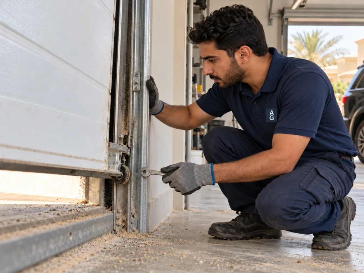 Technician repairing a sectional garage door that has come off its track in Abu Dhabi