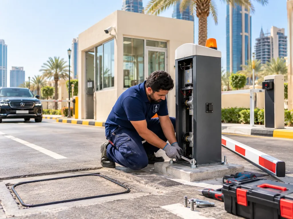 Technician installing a new boom barrier at a car park entrance in Abu Dhabi