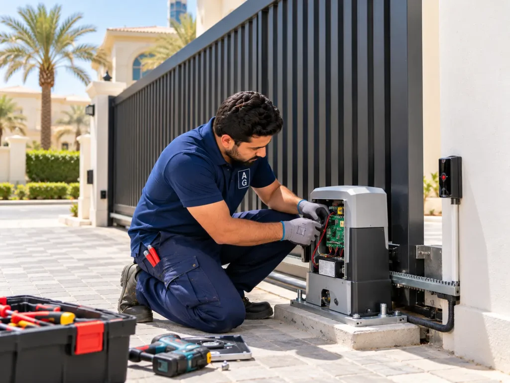 Technician fitting a sliding gate motor during sliding gate installation in Abu Dhabi