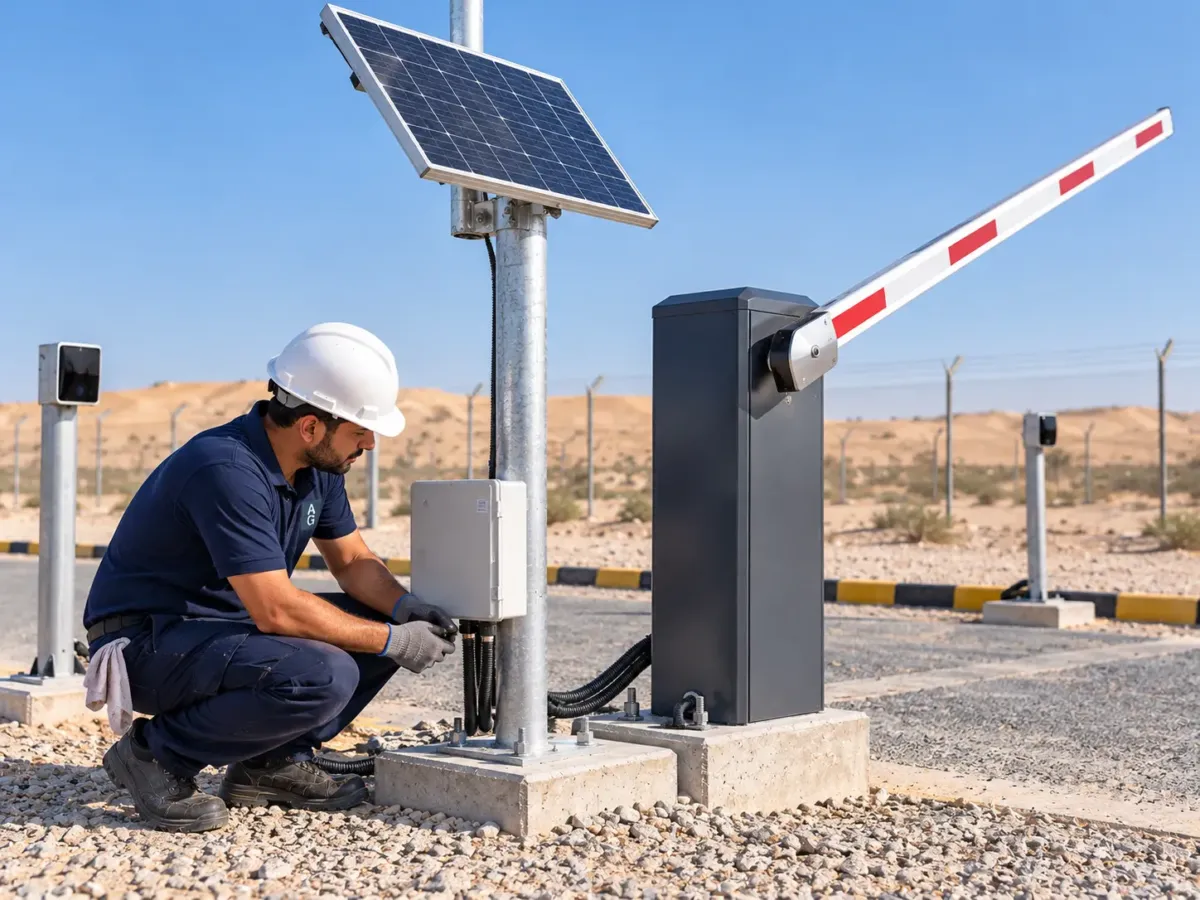 Technician checking the battery connection of a solar powered boom barrier at a site entrance in Abu Dhabi
