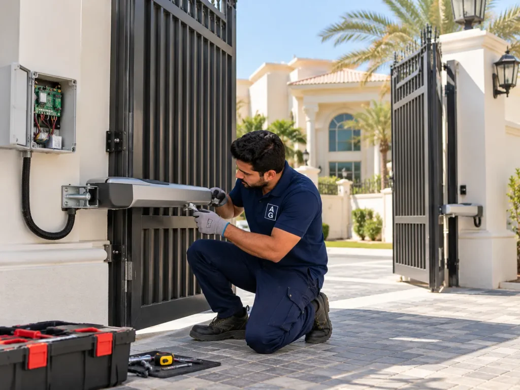 Technician fitting a swing gate opener on a villa gate during installation in Abu Dhabi