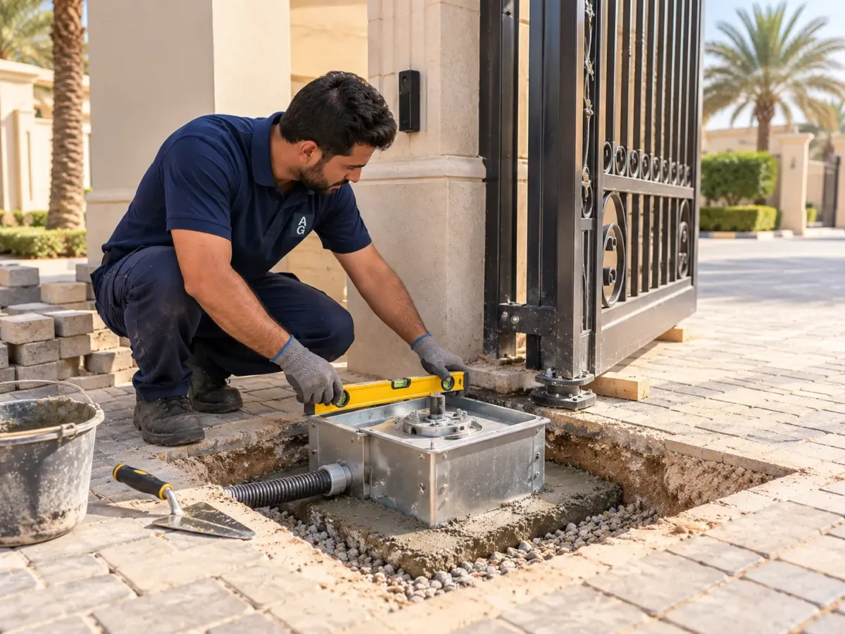 Technician levelling an underground swing gate motor foundation box at a villa gate hinge in Abu Dhabi