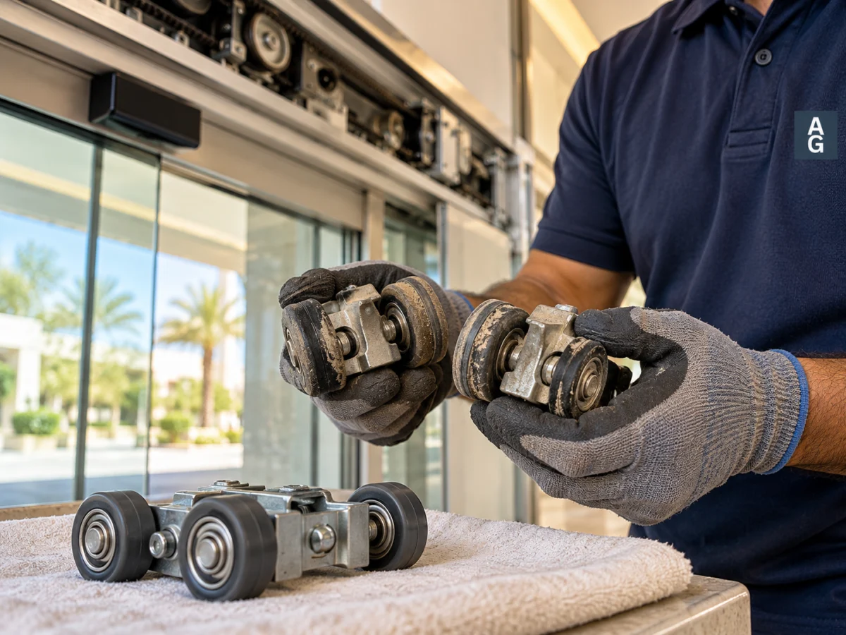 Worn rollers and carriage wheels removed from an automatic sliding door track in Abu Dhabi